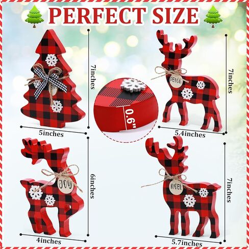 4 قطع من صينية عيد الميلاد اللطيفة ديكور داخلي، ديكورات خشبية لعيد الميلاد على شكل غزال الرنة وقطعة مركزية لشجرة عيد الميلاد، علامة غزال الرنة الريفية ديكور الأيائل للمنزل (منقوشة الجاموس الأحمر والأسود) in Kuwait