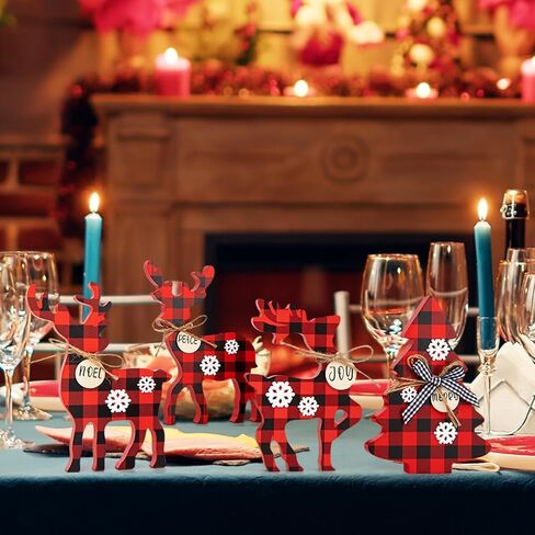 4 قطع من صينية عيد الميلاد اللطيفة ديكور داخلي، ديكورات خشبية لعيد الميلاد على شكل غزال الرنة وقطعة مركزية لشجرة عيد الميلاد، علامة غزال الرنة الريفية ديكور الأيائل للمنزل (منقوشة الجاموس الأحمر والأسود) in Kuwait