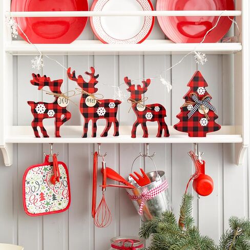 4 قطع من صينية عيد الميلاد اللطيفة ديكور داخلي، ديكورات خشبية لعيد الميلاد على شكل غزال الرنة وقطعة مركزية لشجرة عيد الميلاد، علامة غزال الرنة الريفية ديكور الأيائل للمنزل (منقوشة الجاموس الأحمر والأسود) in Kuwait