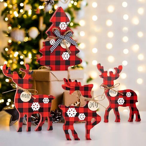4 قطع من صينية عيد الميلاد اللطيفة ديكور داخلي، ديكورات خشبية لعيد الميلاد على شكل غزال الرنة وقطعة مركزية لشجرة عيد الميلاد، علامة غزال الرنة الريفية ديكور الأيائل للمنزل (منقوشة الجاموس الأحمر والأسود) in Kuwait