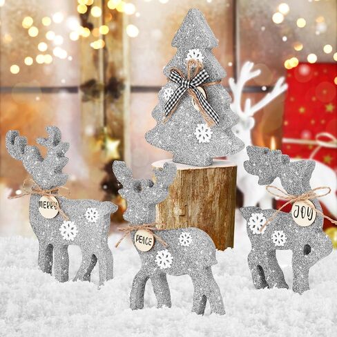 4Pcs Cute Christmas Tiered Tray Decor Indoor, Wooden Reindeer Christmas Tabletop Decorations and Xmas Tree Centerpiece, Rustic Reindeer Sign Standing Elk Decor for Home (Red and Black Buffalo Plaid) in Saudi Arabia