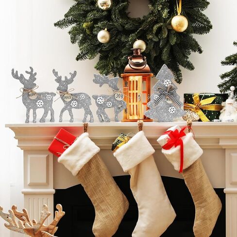 4Pcs Cute Christmas Tiered Tray Decor Indoor, Wooden Reindeer Christmas Tabletop Decorations and Xmas Tree Centerpiece, Rustic Reindeer Sign Standing Elk Decor for Home (Red and Black Buffalo Plaid) in Saudi Arabia