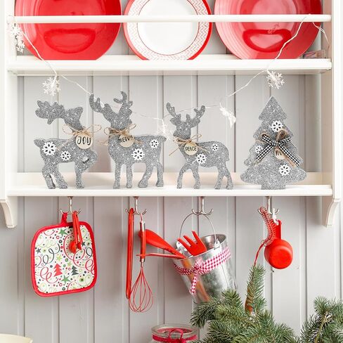 4Pcs Cute Christmas Tiered Tray Decor Indoor, Wooden Reindeer Christmas Tabletop Decorations and Xmas Tree Centerpiece, Rustic Reindeer Sign Standing Elk Decor for Home (Red and Black Buffalo Plaid) in Saudi Arabia