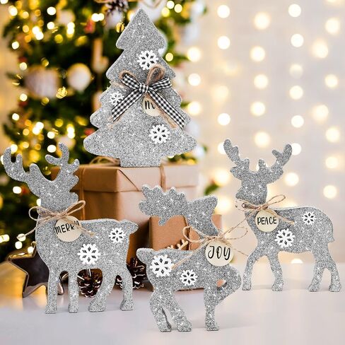 4Pcs Cute Christmas Tiered Tray Decor Indoor, Wooden Reindeer Christmas Tabletop Decorations and Xmas Tree Centerpiece, Rustic Reindeer Sign Standing Elk Decor for Home (Red and Black Buffalo Plaid) in Saudi Arabia