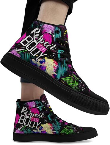 Womens High Top Fashion Sneakers Graffiti Black High Tops Canvas Shoes Clasicc Lace Up Walking Shoes Casual Tennis Shoes in Saudi Arabia