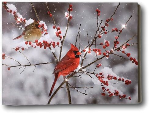 BANBERRY DESIGNS Lighted Cardinals in the Snow Canvas Print - LED Picture with Cardinal Couple and Holiday Berries Measures 11.75" X 15.75" in Saudi Arabia