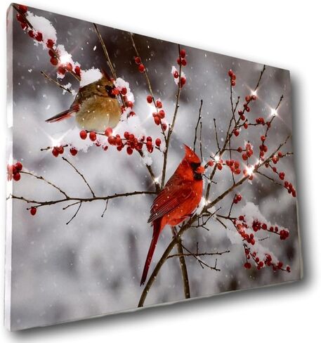 BANBERRY DESIGNS Lighted Cardinals in the Snow Canvas Print - LED Picture with Cardinal Couple and Holiday Berries Measures 11.75" X 15.75" in Saudi Arabia