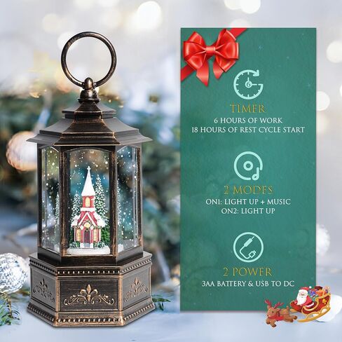 Christmas Snow Globes, 9.37" Church Glitter Water Lantern with Song, 6H Timer Battery & USB Powered Music Box for Christmas Decorations Indoor in Saudi Arabia