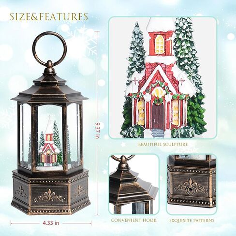 Christmas Snow Globes, 9.37" Church Glitter Water Lantern with Song, 6H Timer Battery & USB Powered Music Box for Christmas Decorations Indoor in Saudi Arabia