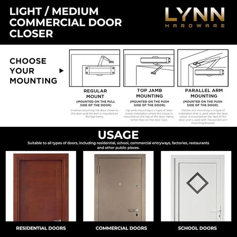 LYNN HARDWARE Light/Medium Duty Residential/Light Commercial Door Closer - DC5003 Surface Mounted, Aluminum Door Closer, Adjustable Closing, Grade 2 & UL 3 Hour Fire Rated - US4 Satin Brass/Gold in Saudi Arabia