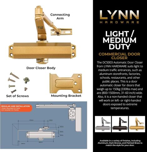LYNN HARDWARE باب سكني/تجاري خفيف خفيف/متوسط ​​التحمل - DC5003 مثبت على السطح، باب ألومنيوم أقرب، إغلاق قابل للتعديل، درجة 2 وUL 3 ساعات مقاومة للحريق - US4 نحاس ساتان/ذهبي in Saudi Arabia
