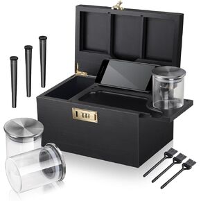 Large Black Bamboo Stash Box with Combination Lock, Wooden Storage Box with Detachable Compartment, Decorative box with Alright Jars & Brushes & Storage Tubes as Gift