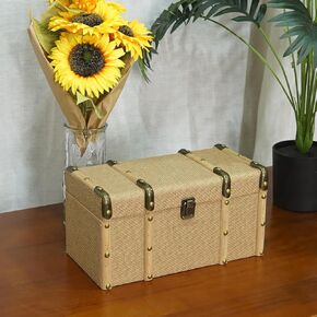 Yellow rivet decorated wooden box, lockbuckle wooden box, cosmetics perfume sundries storage box, porch decorated storage box (11.85 * 6.18 * 6.29inch)