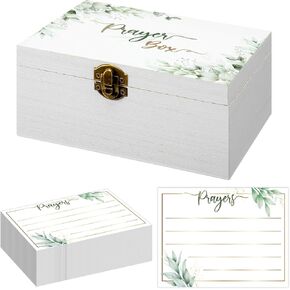 Wood Prayer Box with 100 Pcs Prayer Cards Green Leaves Distressed Box 6.8 x 5 x 3 Inches Decorative Prayer Trinket Box for Christmas Christian Gifts