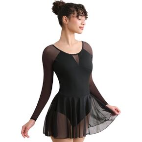 Women Long Sleeve Ballet Leotard Skirted Dance Leotard for Women, V-shape Mesh Splicing, Full Front Lining