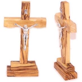 Holy Land Market Olive Wood Standing Cross with Crucifix. (5 Inch)