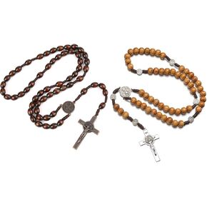 2 Packs Handmade Catholic Cross with Wooden Rosary Beads,Wooden Cross Necklace, Christian Prayer Metal Cross For Catholic Or Christian Gift