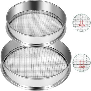 2 Pcs Garden Soil Sifter, Stainless Steel Mesh Screen Dirt Sifter, Sifting Pan-Sieve for Sand Rocks Dirt Compost, 1/4" and 1/8" Mesh