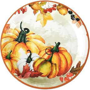 48Pcs Fall Party Plates Thanksgiving Pumpkin Paper Plates Autumn Pumpkins Acorns Leaves & Berries 9 Inch Disposable Plates for Harvest Fall Party Supplies