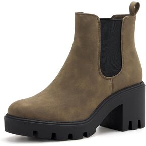 REDTOP Women's Chelsea Boots Fashion Platform High Heel Ankle Booties Round Toe Casual Elastic Chunky Block Heel Boots Black Grey in Kuwait