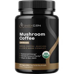 100% Organic Mushroom Coffee Alternative - Organic Lion's Mane Mushroom Supplement with Patented Guayusa & Green Coffee Bean Extract for Long-Lasting Jitter-Free Energy and Focus - 30 Capsules