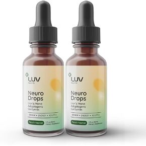LUV Neuro Drops: Lion's Mane & Turmeric Adaptogen Mushroom Drops for Nerve & Joint Support. Keto, Vegan, USA Made, Non-GMO, 2Pack 60 Servings