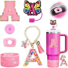 6PCS Cup Accessories Set for Stanley Cup 30oz 40oz, Compatible with Stanley Cup Letter Charms for Handle Silicone Boot,Straw Cover Topper & Sticker (Letter A)