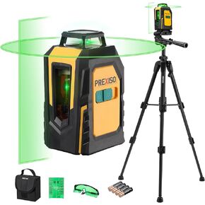 PREXISO 360° Laser Level with Tripod, 100Ft Cross Line Leveler- Green Horizontal Line Laser Level Self Leveling for Construction, Floor Tile Renovation with Target Plate, Green Glasses, 4 AA Batteries