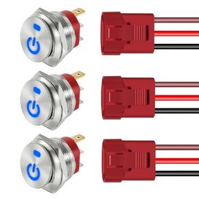 3 Pack ON Off Round Rocker Switches with Wire Socket 3 Pin 12V AC/DC 20A Red LED 22mm Mounting Hole Stainless Steel Mini Circle Toggle Switch Power Symbol 24Volt SPST for Car RV Auto (Red)