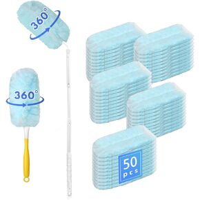 50 Count Duster Refills Kit，360 Heavy Duty Duster Refills，Compatible with Most (50 Duster Refills+1 Retractable Long Handle + 1 Short Handle)