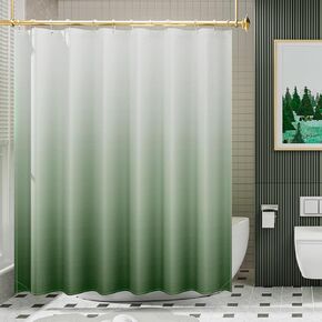 AmazerBath Fabric Shower Curtain Set, Ombre Grass Green Shower Curtain with 12 Shower Curtain Hooks, Rustic Cloth Green and White Shower Curtain, Cute Washable Bathroom Shower Curtain, 72x72 Inches