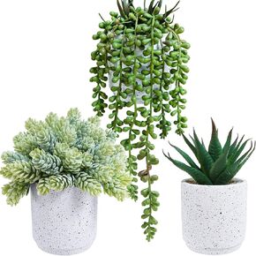 Winlyn Set of 3 Artificial Potted Succulent Plants in White Cement Planters Faux Aloe Hops String of Pearls Plants Small House Plants for Indoor Home Garden Office Desk Tabletop Shelf Decorations