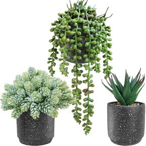 Winlyn Set of 3 Artificial Potted Succulent Plants in White Cement Planters Faux Aloe Hops String of Pearls Plants Small House Plants for Indoor Home Garden Office Desk Tabletop Shelf Decorations