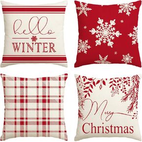AVOIN colorlife Merry Christmas Hello Winter Buffalo Plaid Snowflake Red Throw Pillow Cover, 18 x 18 Inch Winter Holiday Cushion Case Decoration for Sofa Couch Set of 4