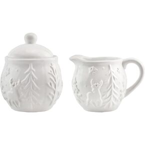AuldHome Reindeer Christmas Cream and Sugar Set; Ceramic Embossed White Serving Sugar Bowl and Cream Pitcher