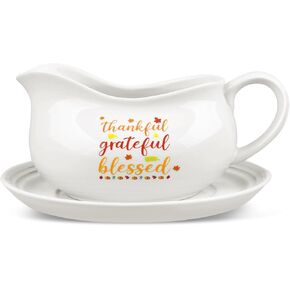 Gravy Boat with Saucer 17 oz Thanksgiving Fall Sauce Boat with Stand Autumn Serving Dish Set White Large Ceramic Gravy Bowl with Handle for Sauces Creamer Dressings Holiday Party Dish Dining