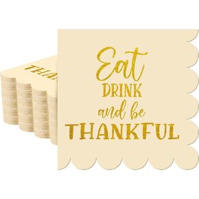 Yeaqee 100 Pcs Thanksgiving Cocktail Napkins 5" x 5" Paper Scalloped Beverage Napkin Disposable Give Thanks Friendsgiving Napkins for Fall Blessed Day Dinner Party Decor(Gobble Till You Wobble)