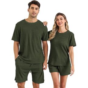 EISHOPEER Matching Pajamas for Couples Ribbed Knit Pajama Short Sleeve Soft Sleepwear 2 Piece Loungewear S-XXL