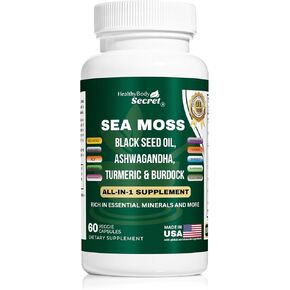 Sea Moss 3000mg* Black Seed Oil 2000mg* Ashwagandha 1000mg* Turmeric 1000mg* Bladderwrack 1000mg* Burdock 1000mg* Manuka Honey, Dandelion, ACV – Veggie Cap – Non-GMO – Gluten-Free – Vegan