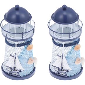 VOSAREA 2pcs Beach Tealight Candle Holder Sailing Boat Figurine Metal Lighthouse Ornament Lighthouse Tower Figurine Ocean Decor Home Decoration Creative Candle Holder Seaside Mini Antique