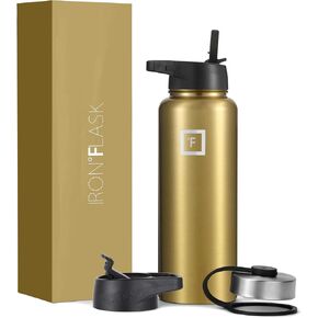 زجاجة مياه رياضية من IRON °FLASK - فم واسع، 3 أغطية (غطاء من القش) - زجاجات رياضية وخارجية من الفولاذ المقاوم للصدأ للرجال والنساء والأطفال - ترمس مزدوج الجدران، معزول، مقصف معدني - ذهبي، 40 أونصة in Kuwait
