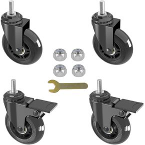 Set of 4 Caster Wheels(2 with Brake,2 no Brake),Heavy Duty 5/16"-18UNC Threaded Stem Casters,Mute Rubber Swivel Wheels with Brake,Industrial/Furniture Wheels,150lbs Load Capacity Per Castor