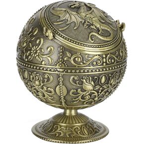 Pssopp Windproof Ashtray with Lid, Spherical Shaped Dragon Pattern Zinc Alloy Vintage Ash Tray for Home Crafts Decoration