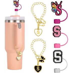 （3+2） Stanley Cup Accessories, 3 PCS 10mm Letter Straw Cover Cap with 2 PCS Butterfly Heart Charms for Stanley Cup 30&40 Oz with Handles, Cute Straw Topper and Charms for Stanley Tumbler