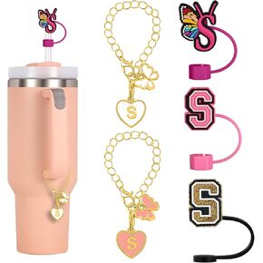 （3+2） Stanley Cup Accessories, 3 PCS 10mm Letter Straw Cover Cap with 2 PCS Butterfly Heart Charms for Stanley Cup 30&40 Oz with Handles, Cute Straw Topper and Charms for Stanley Tumbler