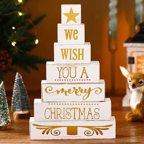 Yousoontic 7 Pcs Christmas Wooden Block Signs Farmhouse We Wish You a Merry Christmas Table Centerpieces White Gold Xmas Rustic Tiered Tray Decor for Christmas Party Decorations