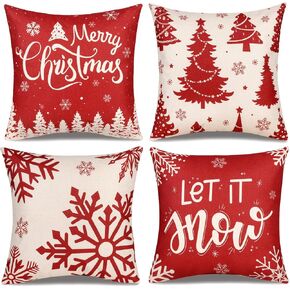 Christmas Pillow Covers 18x18 Set of 4 Red Plaid Throw Pillowcase Christmas Decorations Deer Snowflake Farmhouse Linen Cushion Pillow Case for Home Decor Holiday Decorative