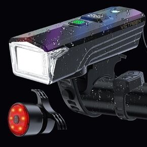 Victagen Ultra Bright USB Rechargeable Bike Light Set with E-Horn, Powerful Bicycle Front Headlight and Back Taillight, 5 Light Modes, Easy to Install for Men Women Kids Road Mountain Cycling Black