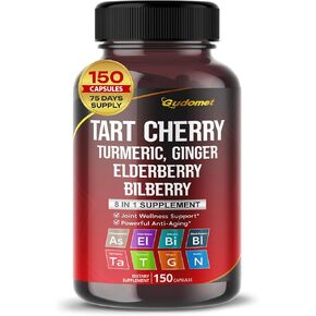 Tart Cherry Turmeric Ginger Stinging Ashwagandha Elderberry Bilberry Black Pepper -150 Capsules- Made in USA