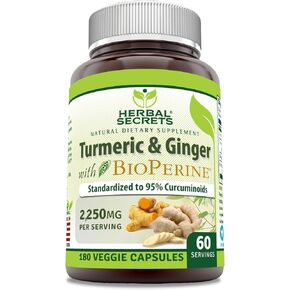 Herbal Secrets Turmeric Curcumin & Ginger with BioPerine Supplement | 2,250 Mg Per Serving | 180 Capsules | Non-GMO | Gluten Free | Made in USA